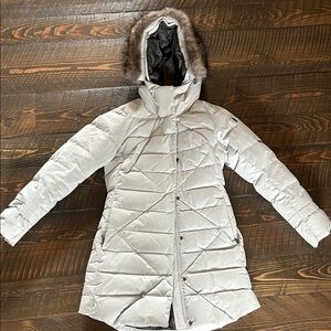 Eddie Bauer Light Gray Quilted Insulated Hooded Puffer with Faux Fur Trim